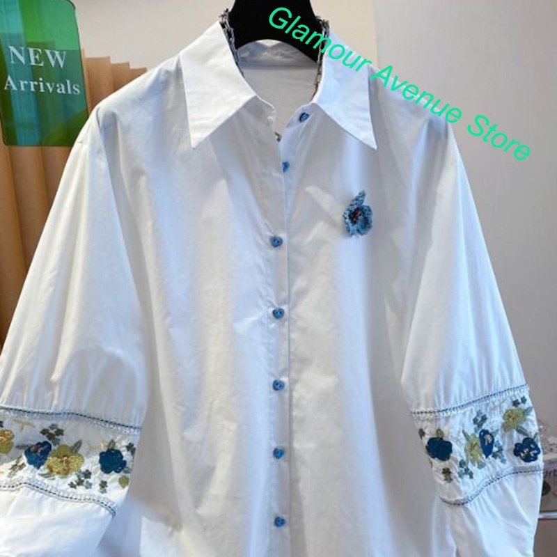 프랑스 고급 브랜드의 화이트 자수 셔츠, 여성용, 여름 - Good Floral & Wedding Decor Supply Photos 리뷰 및 가격